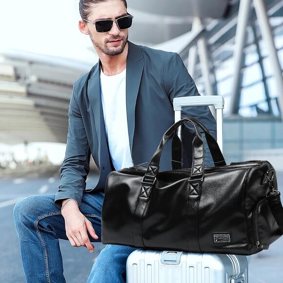 Leather Duffle Travel Gym Bag for Men with Shoe Compartment, 32L PU Leather Week - Picture 2 of 8
